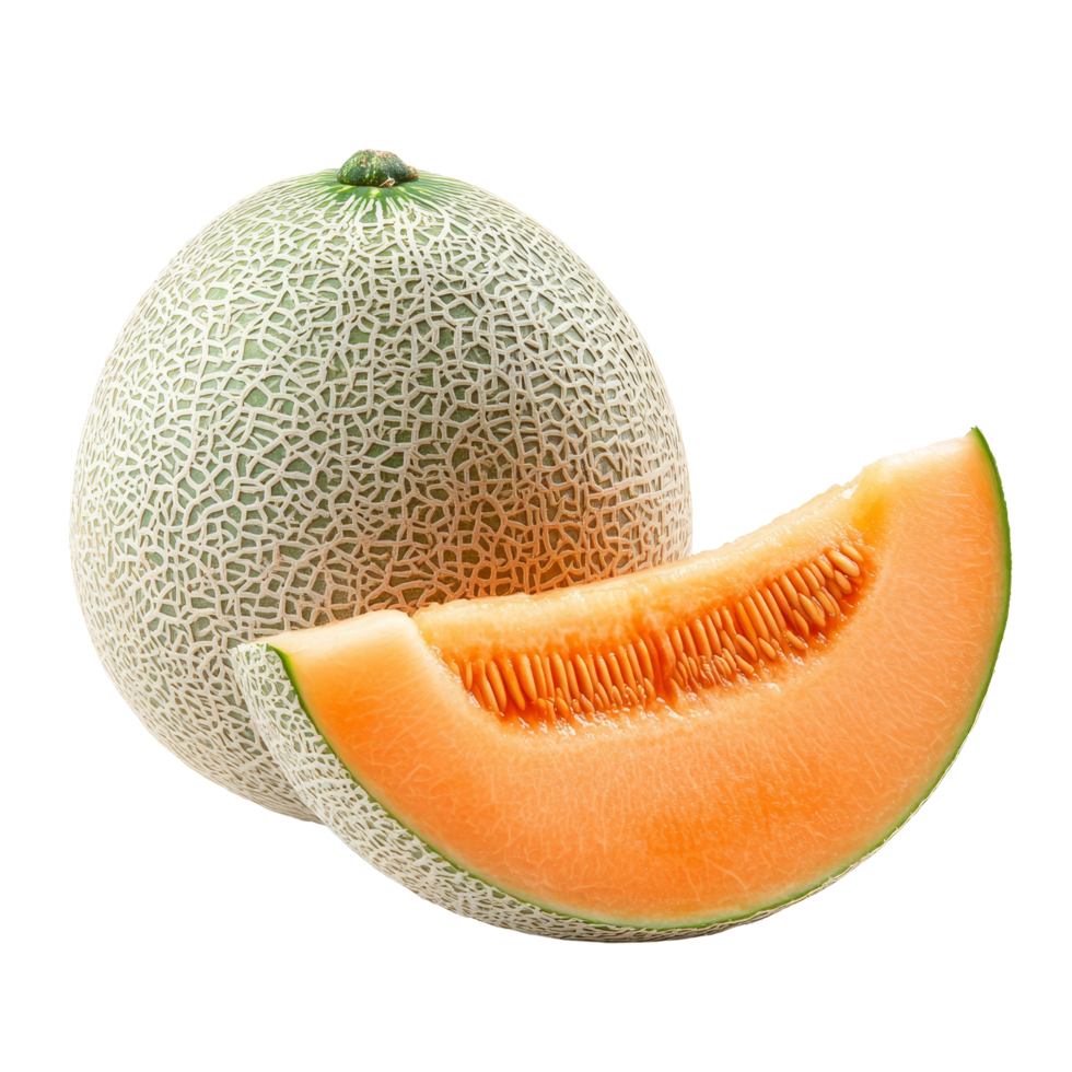 Cantaloupe melon cut in half, showcasing ripe orange flesh on a plain transparent background, cantaloupe melon isolated on transparent background png