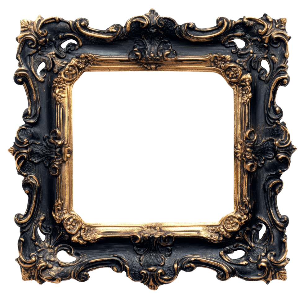 Elegant black gold baroque photo frame isolated on a transparent background featured for artistic display, black gold baroque photo frame, isolated on transparent background,isolated transparent png
