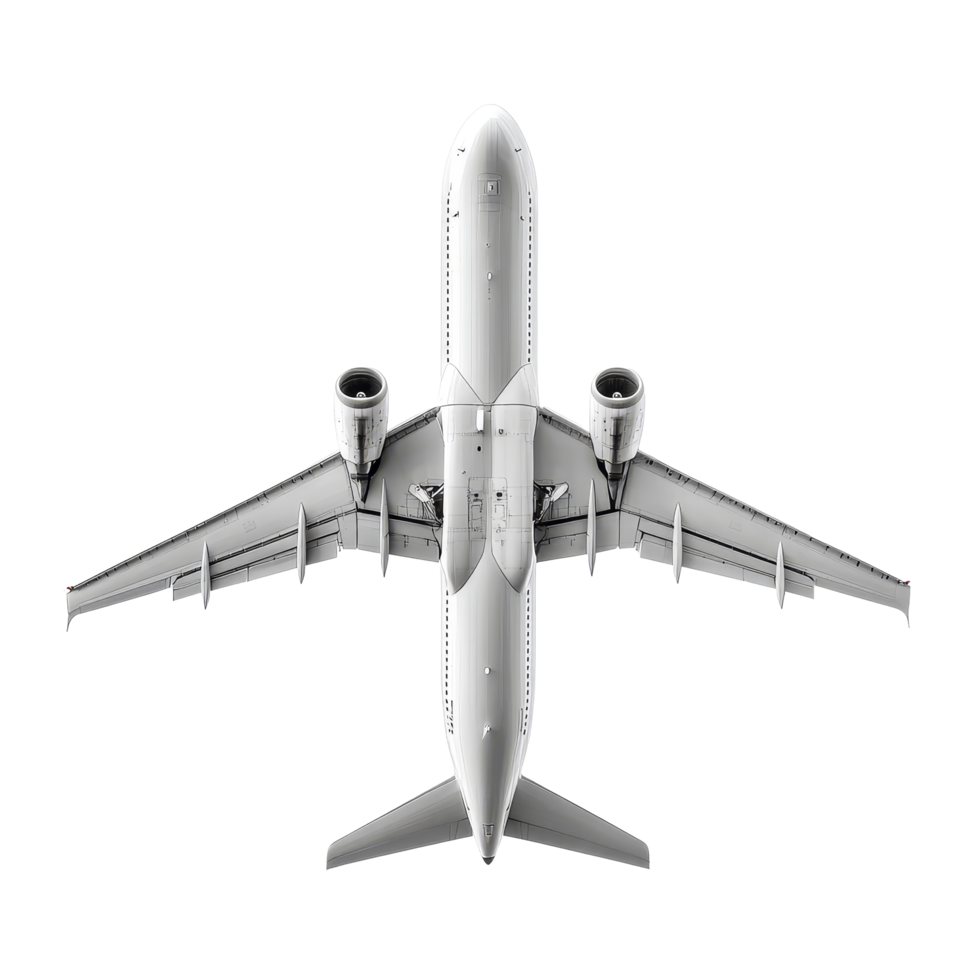 An isolated airplane from a top view on a clean transparent background, showcasing its wings and engines in detail, typical airplane isolated on transparent background png