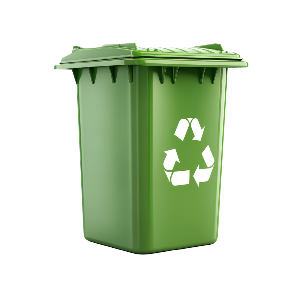 Green garbage container with recycling symbol designed for ecofriendly waste disposal and environmental sustainability, Green Garbage Container with Recycling Symbol, transparent background Generative png