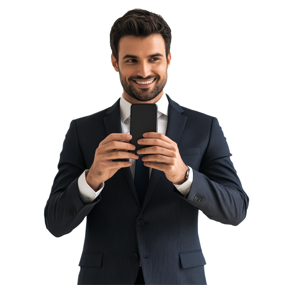 Businessman in a suit smiling while taking pictures with his smartphone against a plain background, Businessman taking pictures with his smartphone file no background png