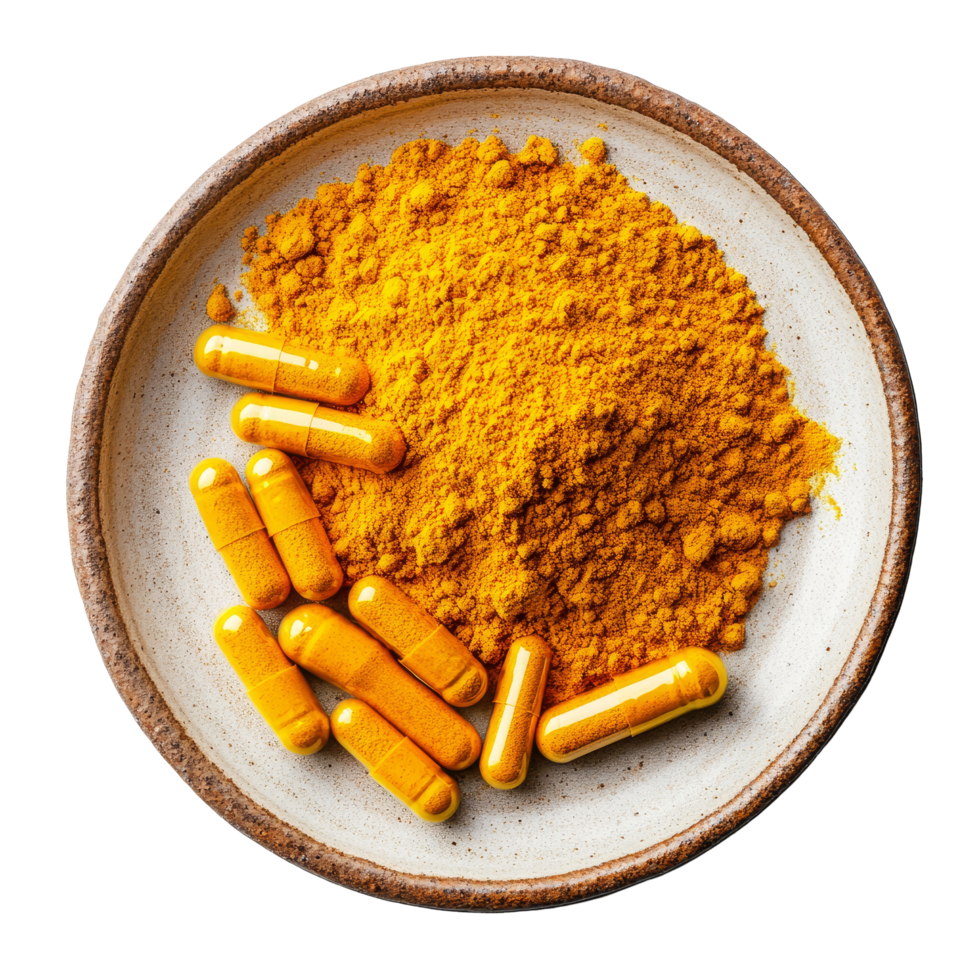 Turmeric powder and capsules arranged on a plate for natural health benefits and dietary supplementation, Turmeric powder and turmeric capsules in a plate on transparent background png