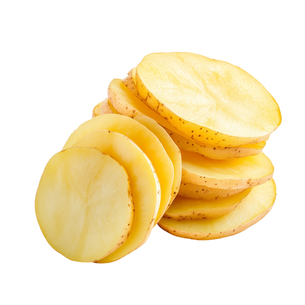 Freshly sliced raw potato on a bright transparent background showcasing its natural color and texture, Raw Potato Sliced isolated on transparent background png