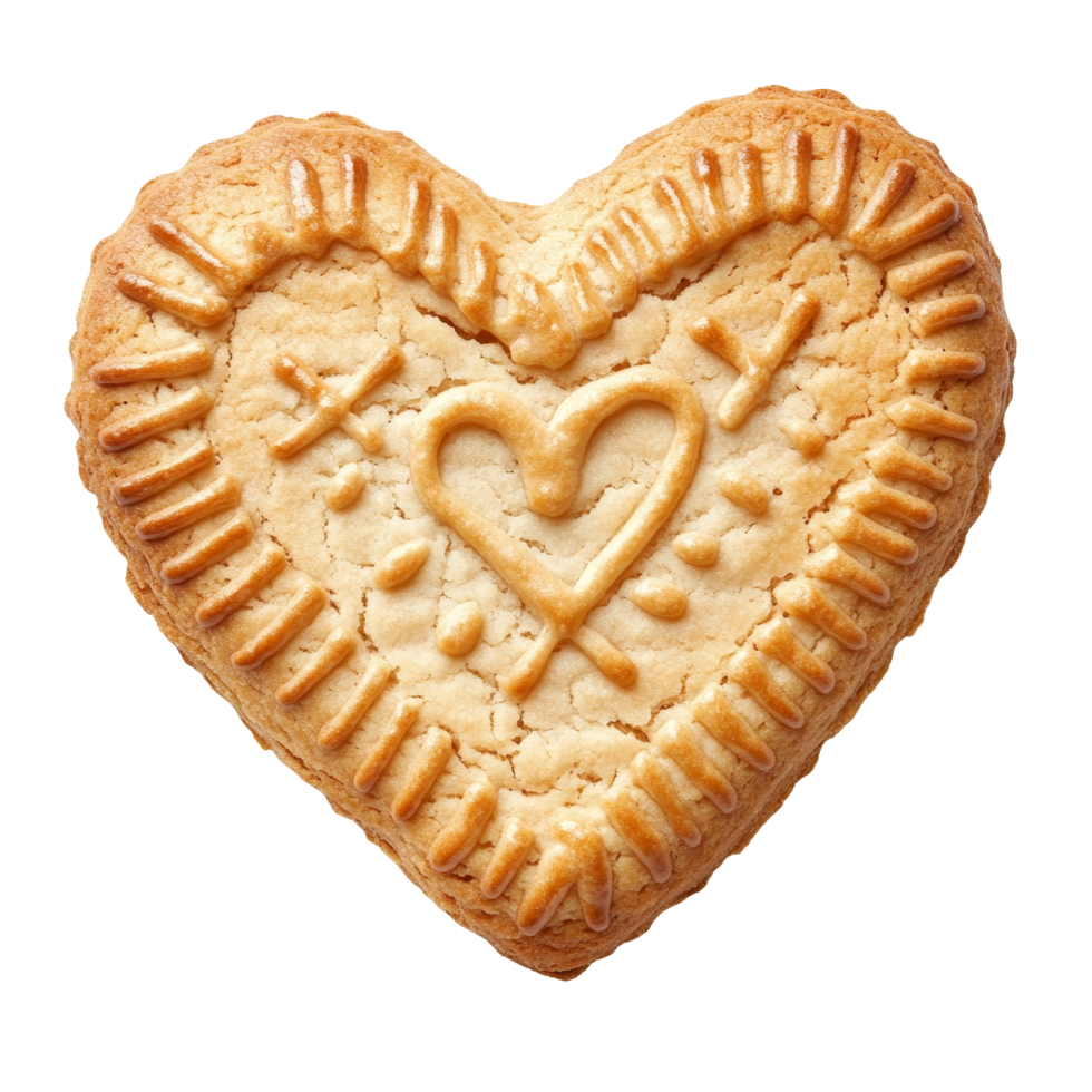 Delicious heartshaped cookie biscuit with decorative pattern on isolated transparent background, heart shape cookie biscuit isolated transparent background cutout png