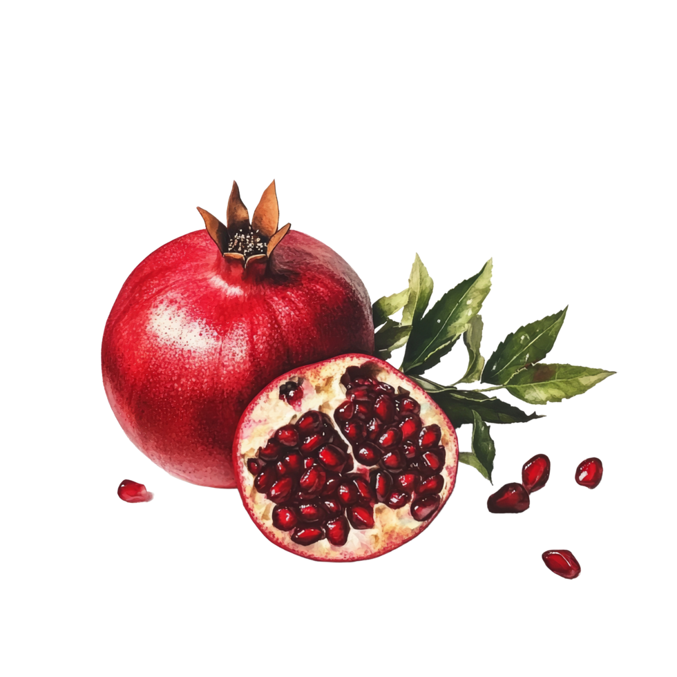 Fresh pomegranate half reveals vibrant seeds on a clean transparent background with leaves, Pomegranate ontransparent background png