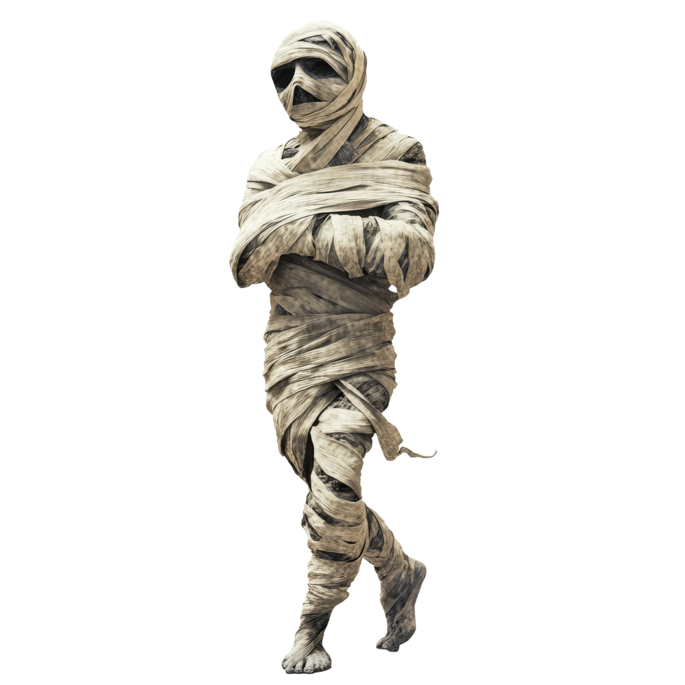 A terrifying ancient mummy wrapped tightly in bandages walking through an eerie landscape under a dark sky, scary mummy wrapped in bandages, file of isolated object with shadow on transparent png