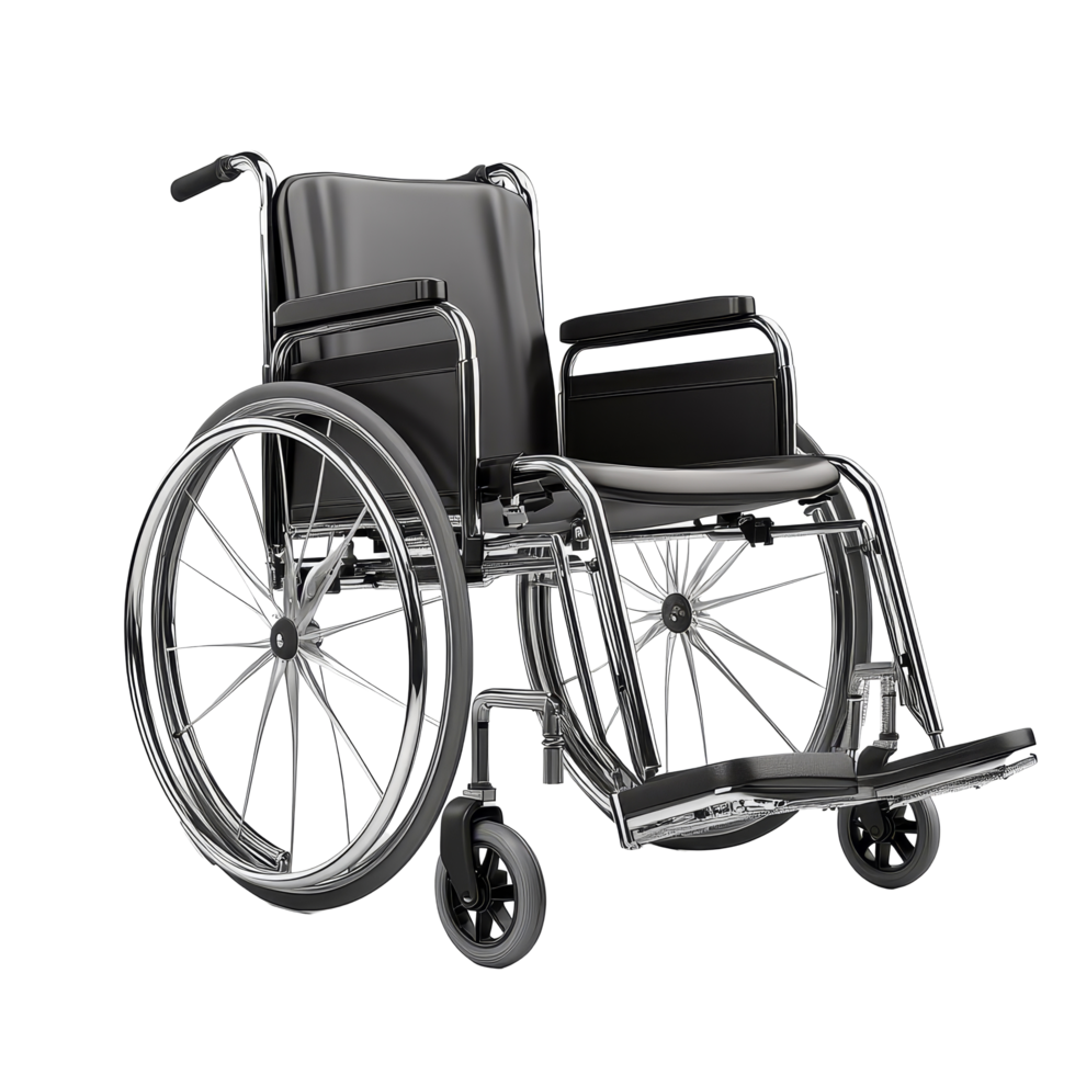 A modern wheelchair with chrome accents isolated against a simple transparent background for clear visibility and emphasis, Wheelchair isolated on transparent background png