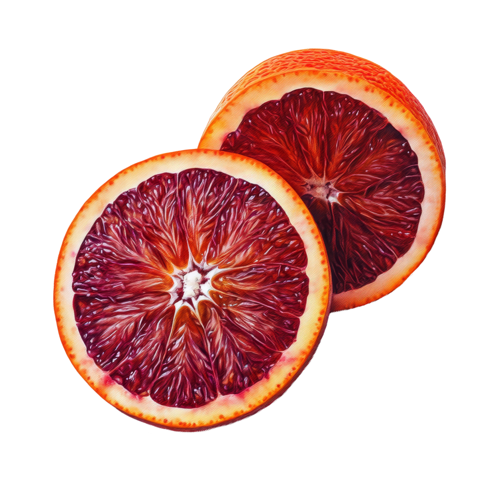 Sliced red blood orange halves on a clean transparent background displaying vibrant colors and fresh textures, red blood orange on transparent background png