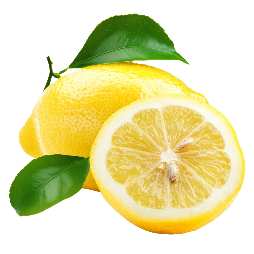 Fresh yellow lemon fruit with green leaf cut open on transparent background, showcasing its juicy interior and texture, yellow lemon fruit with leaf isolated on transparent background png