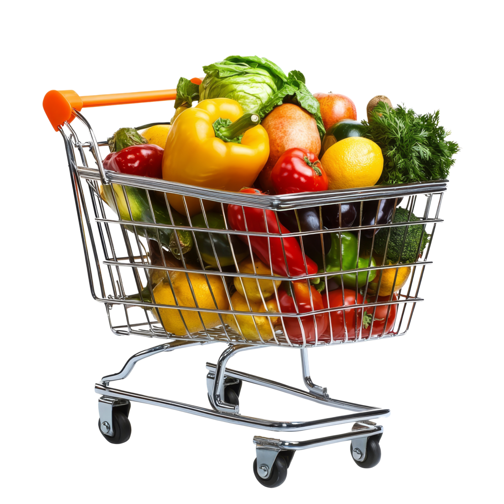 Full shopping cart loaded with fresh vegetables and fruits for a healthy lifestyle choice in the kitchen, file no background Full shopping cart png