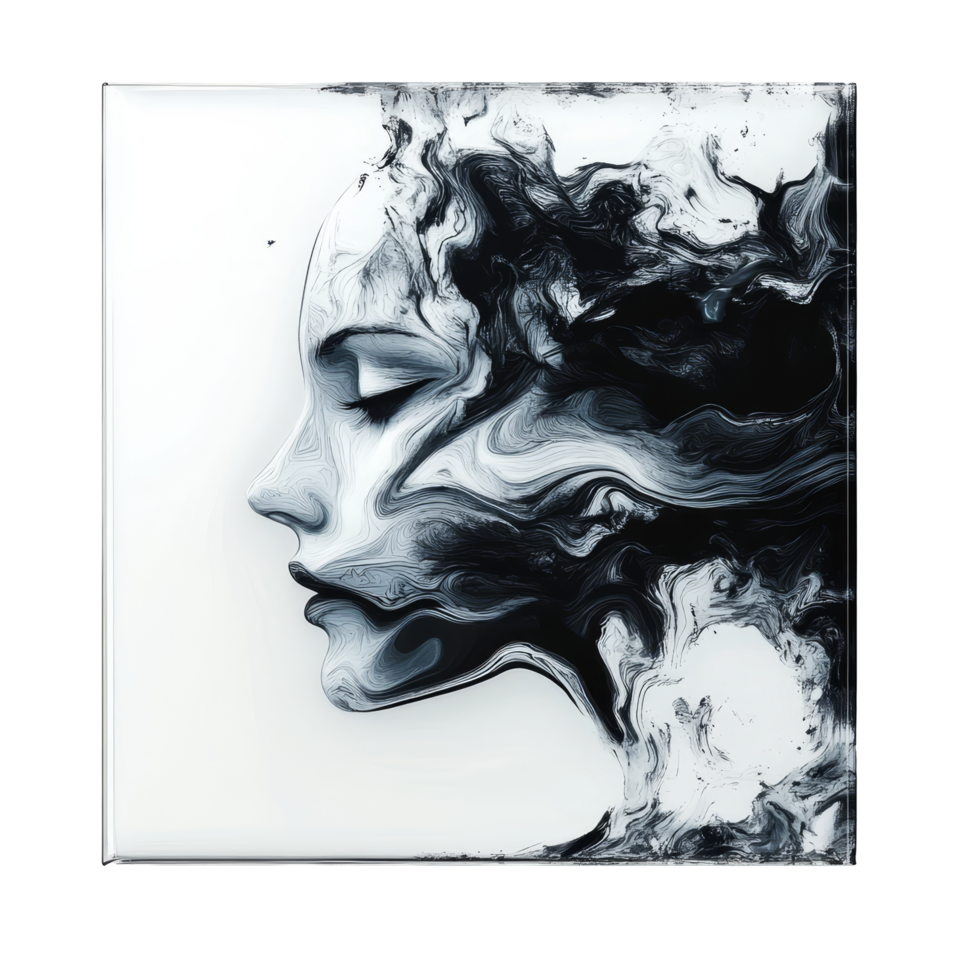 Acrylic glass display featuring an abstract portrait in black and transparent on a transparent background, acrylic glass frame on transparent background png