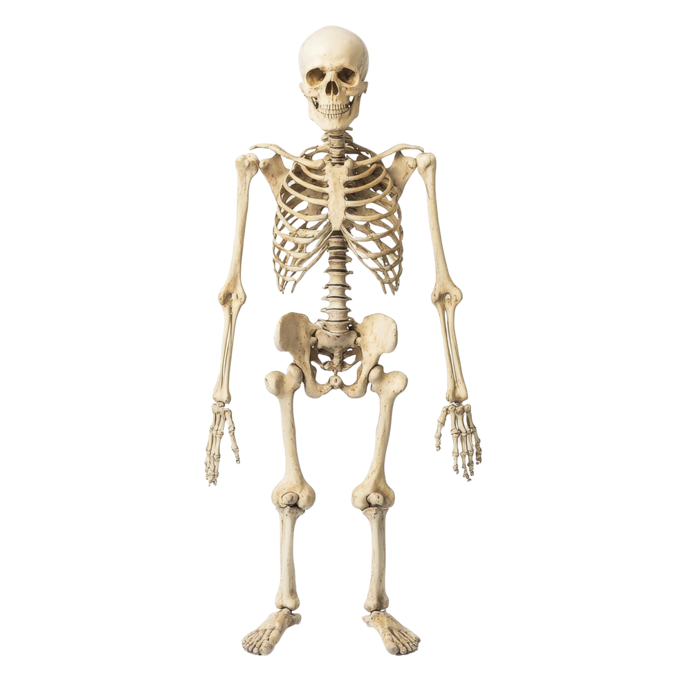 Human skeletal anatomy displayed against a plain transparent background for educational purposes in a study setting, Human bones on transparent background png