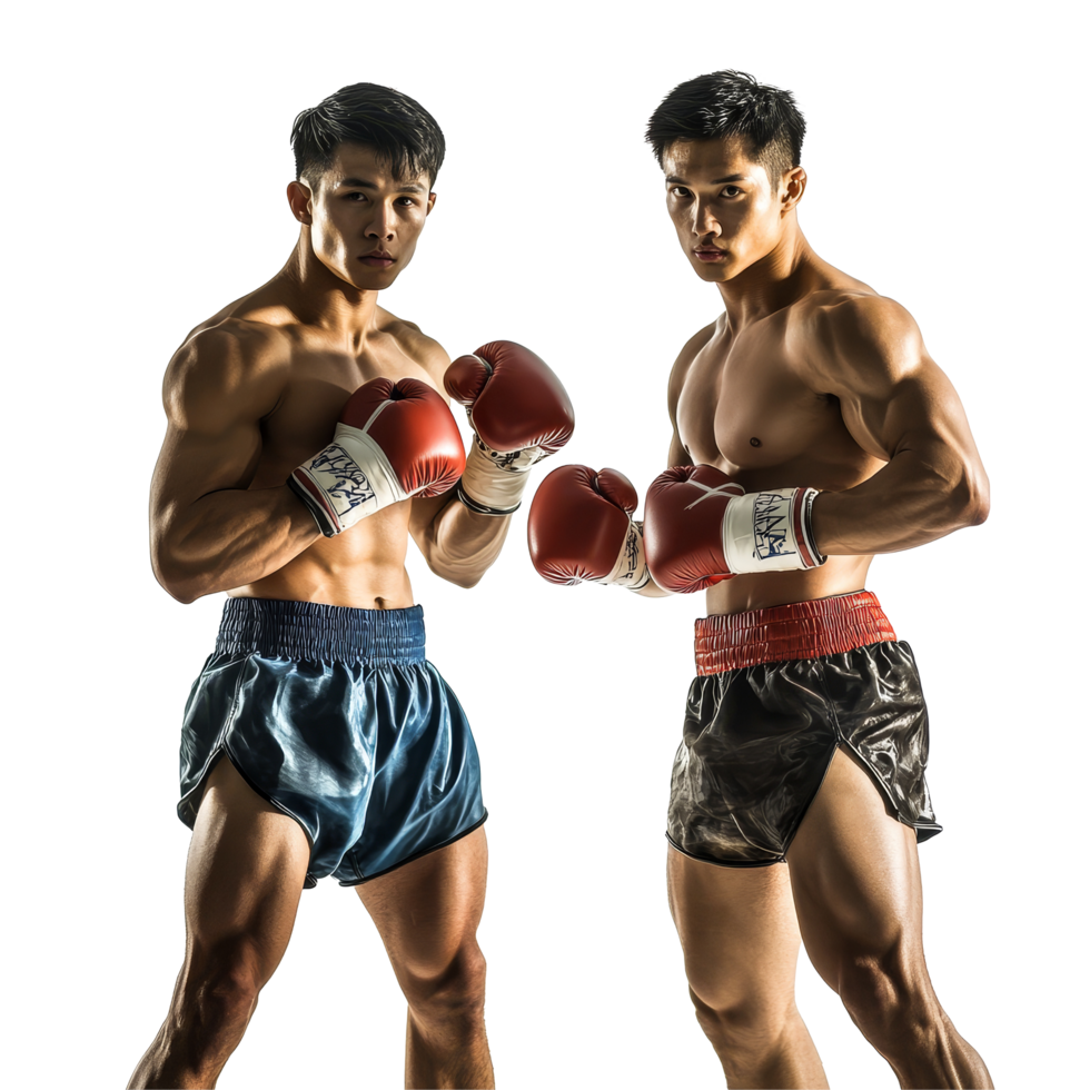 Asian professional boxers prepare to face each other in a ring on a transparent backdrop, Asian Professional Boxers Ready to Fight on transparent background png