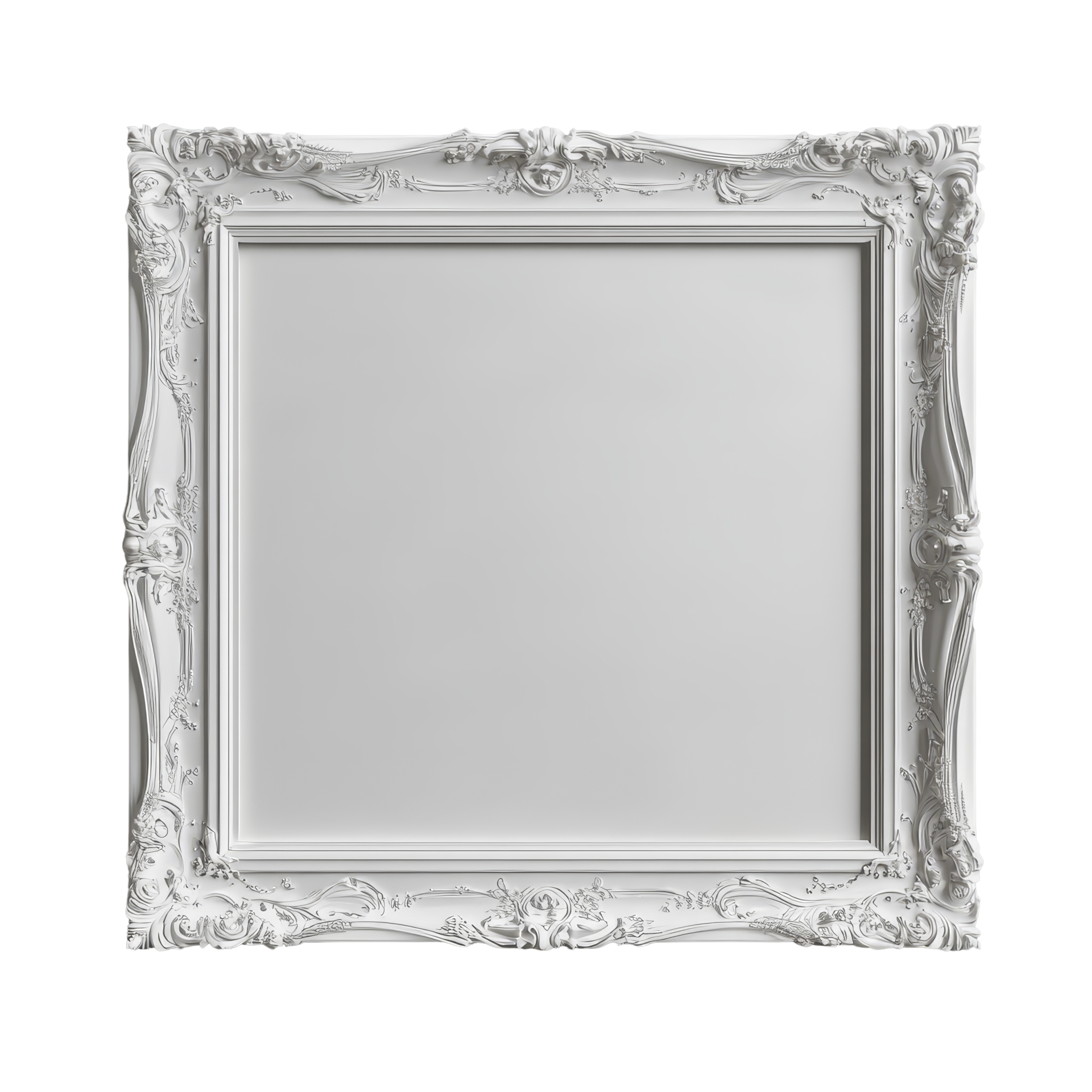 Elegant transparent blank picture frame with ornate details against a
