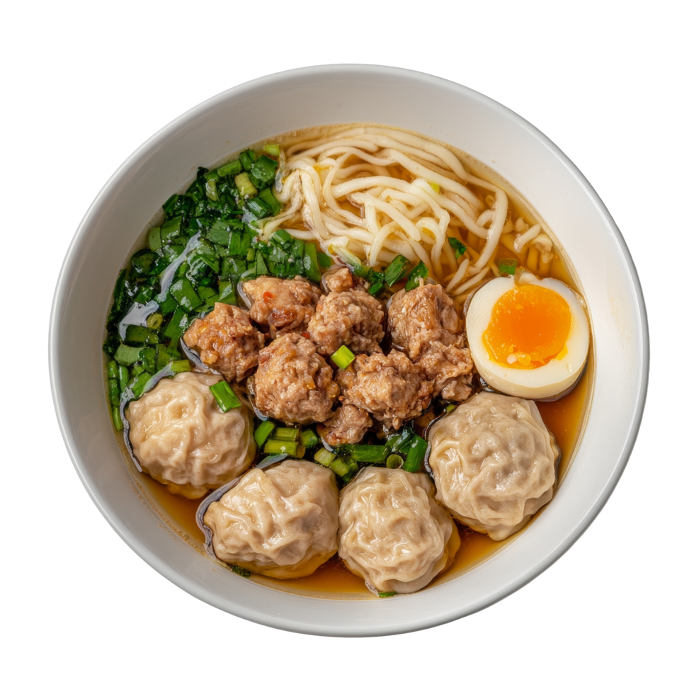 Delicious bowl of bakso with meatballs, noodles, and boiled egg on a transparent background, bakso on bowl top view transparent background png