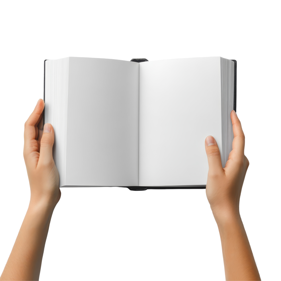 Hands holding an open blank hardcover book mockup against a light background, showcasing a minimalistic design, Hands holding open book mockup, blank hard cover mockup isolated on transparent png