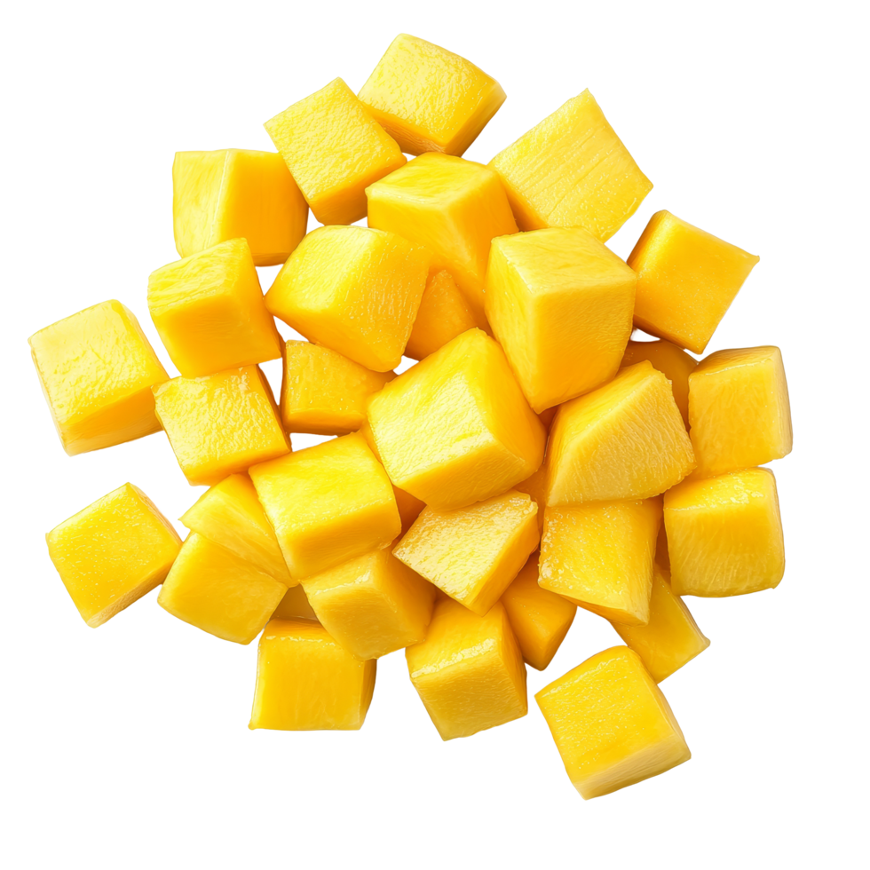 Fresh mango cubes arranged neatly on a transparent background for culinary use and healthy snacking, Mango slice cut to cubes isolated on transparent background png