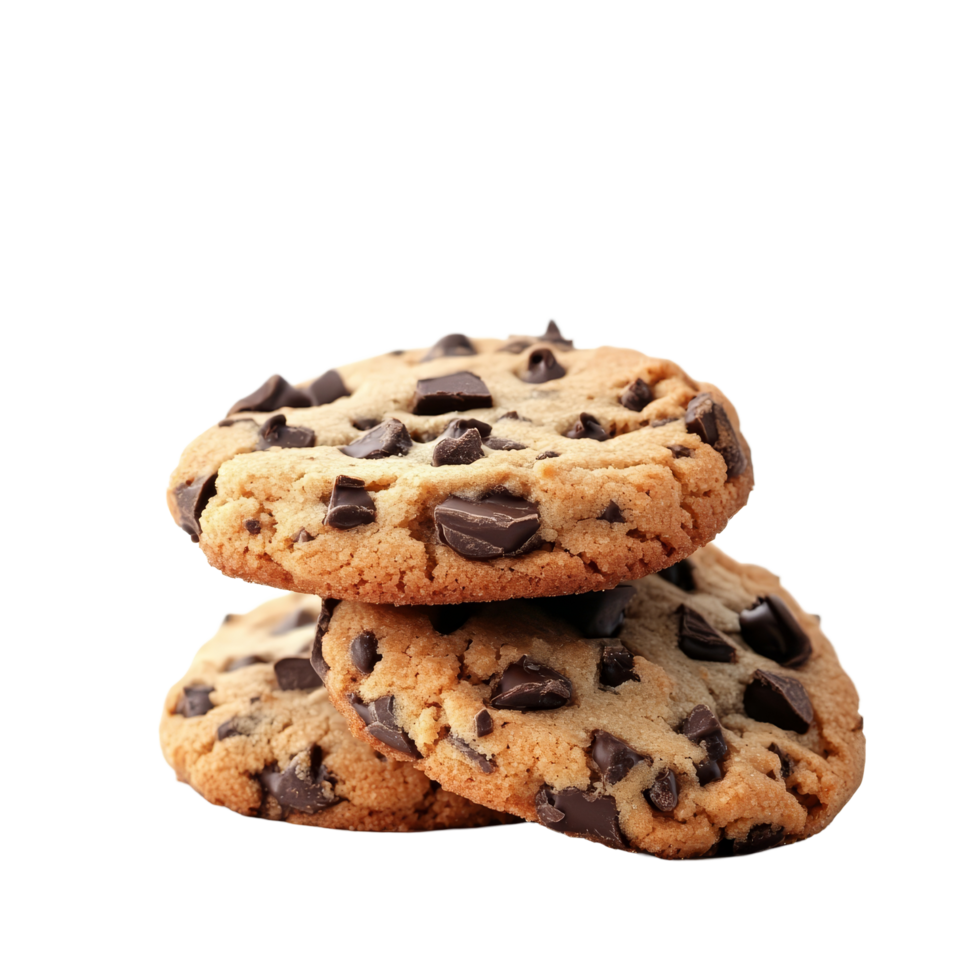 Soft and chewy chocolate chip cookies stacked on a clean transparent background ready to be enjoyed any time of the day, cookies with chocolate on transparent background png
