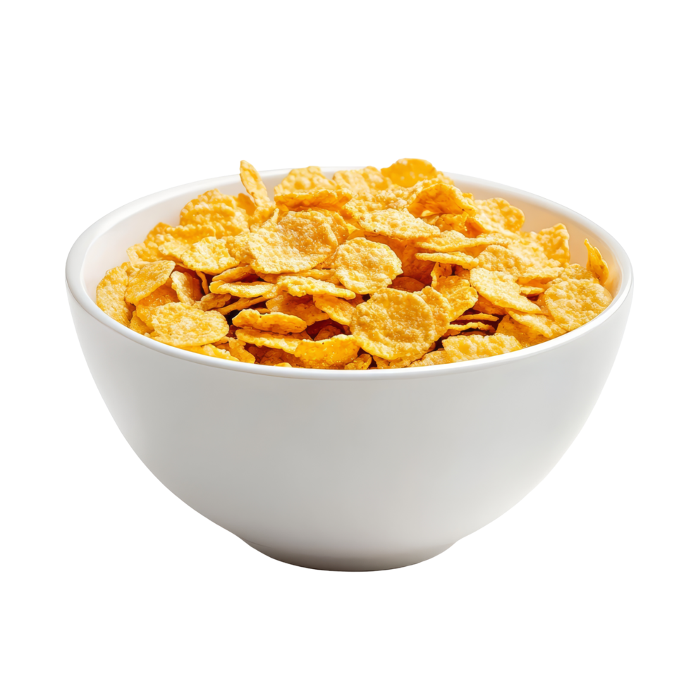 A bowl of corn flakes isolated on a transparent background showcasing a crunchy breakfast option ideal for any morning routine, Corn Flakes in transparent bowl isolated on transparent background png