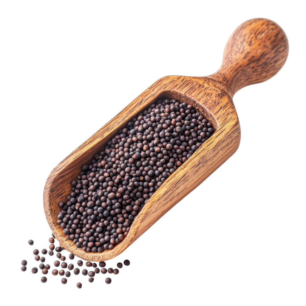 Mustard seeds spilling from a wooden scoop on a bright transparent background showcasing their rich color and texture, mustard seeds in wood scoop isolated on transparent background png