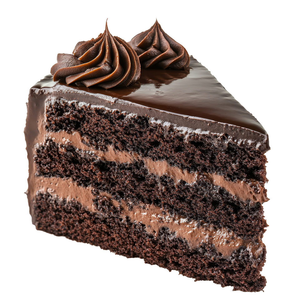 A rich chocolate cake slice on a transparent background showcasing layers of dark chocolate and icing for a tempting dessert experience, chocolate cake isolated on transparent background png