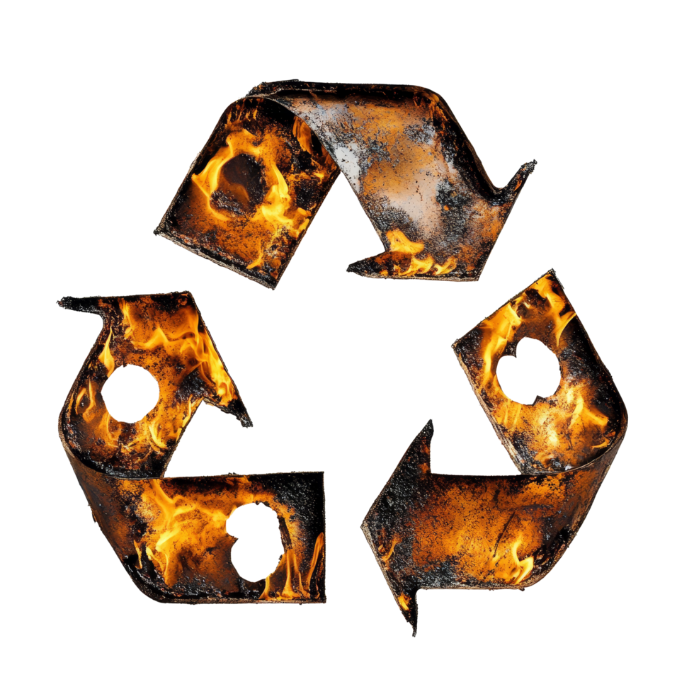 Burnt recycling symbols with holes highlighted against a stark transparent background, Burnt Recycling Symbols with Holes on transparent background png