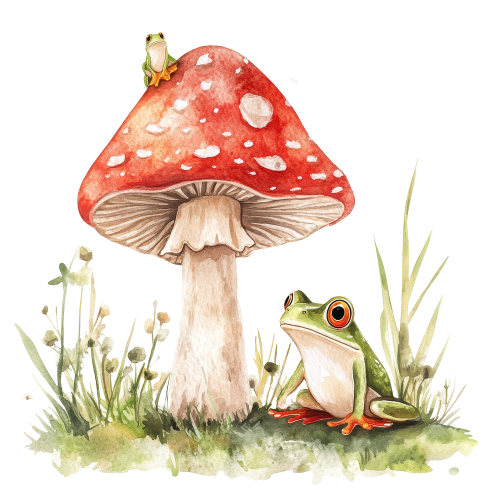 A whimsical watercolor illustration of a frog resting beside a vibrant red mushroom in a lush green setting, vintage mushroom with cute frog transparent background png