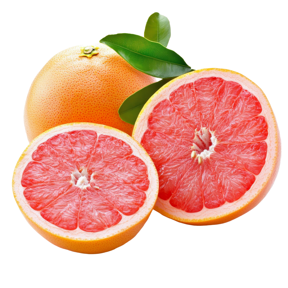 Freshly cut grapefruit showcasing vibrant pink flesh and green leaves against a clean transparent background, Grapefruit in transparent background format png