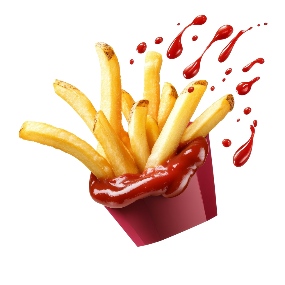 Delicious flying french fries with a splash of ketchup in an isolated setting, Flying french fries with ketchup splash isolated png