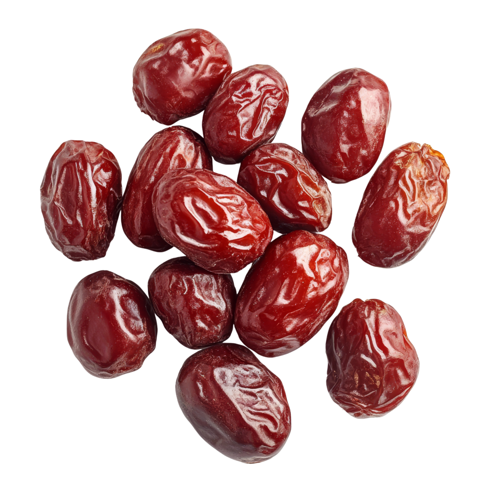 Dried jujube Chinese red dates arranged on a clean transparent background for culinary and health uses, Jujube Chinese dried red date fruit on transparent background png