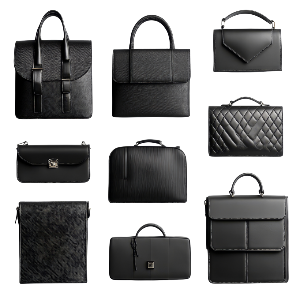 A collection of sleek black bags showcasing elegant designs for versatile outfits, Elegant Monsoon Black Bags, Sleek, Versatile Designs on a transparent background. png
