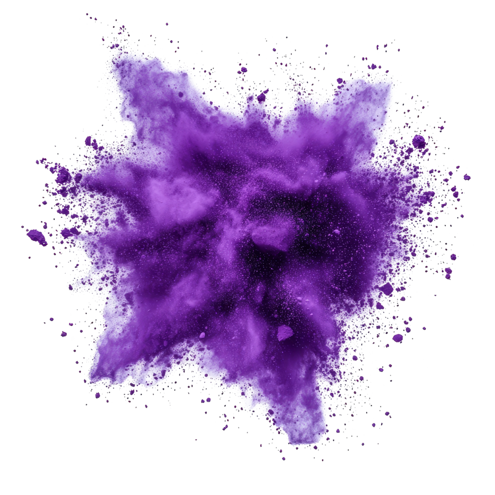 Violet powder explosion creating a vibrant burst of color against a transparent background, violet color powder explosion isolated on transparent background png
