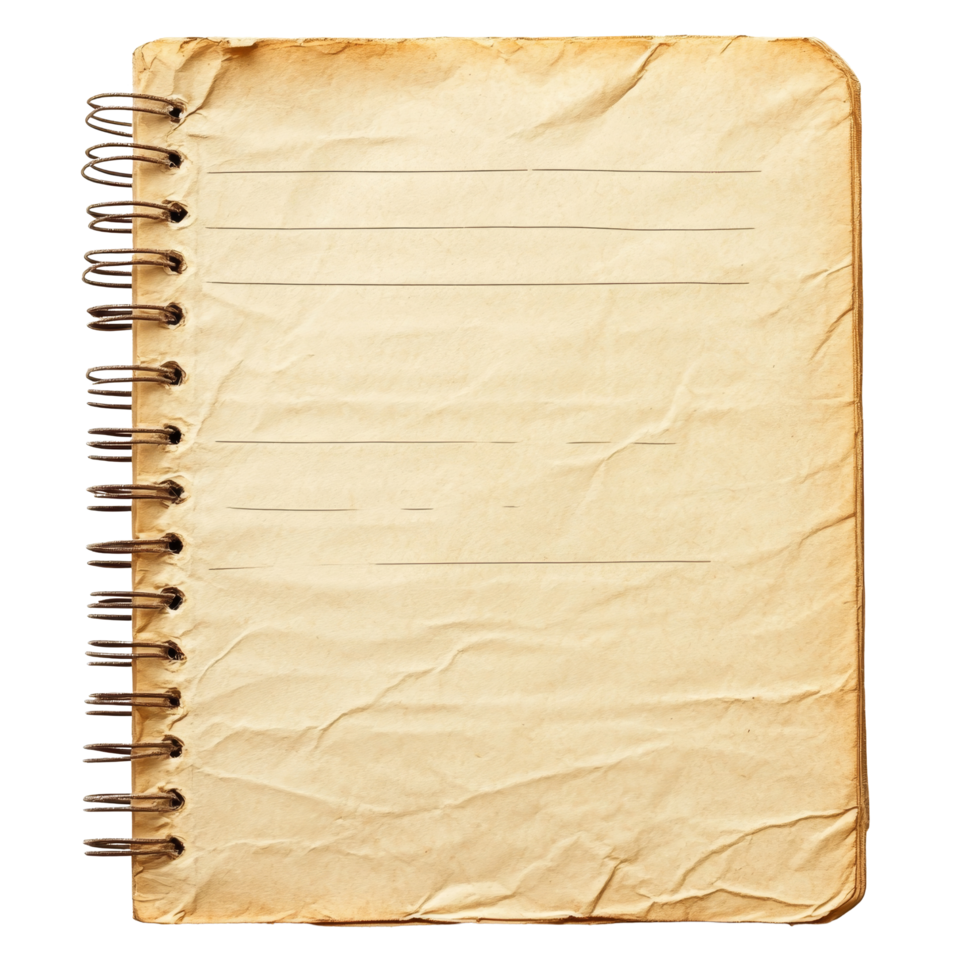 Blank spiral notebook with lined pages resting on a transparent background, showcasing its textured cover and aged appearance, Paper sheet notebook with line on transparent backgroundfile png