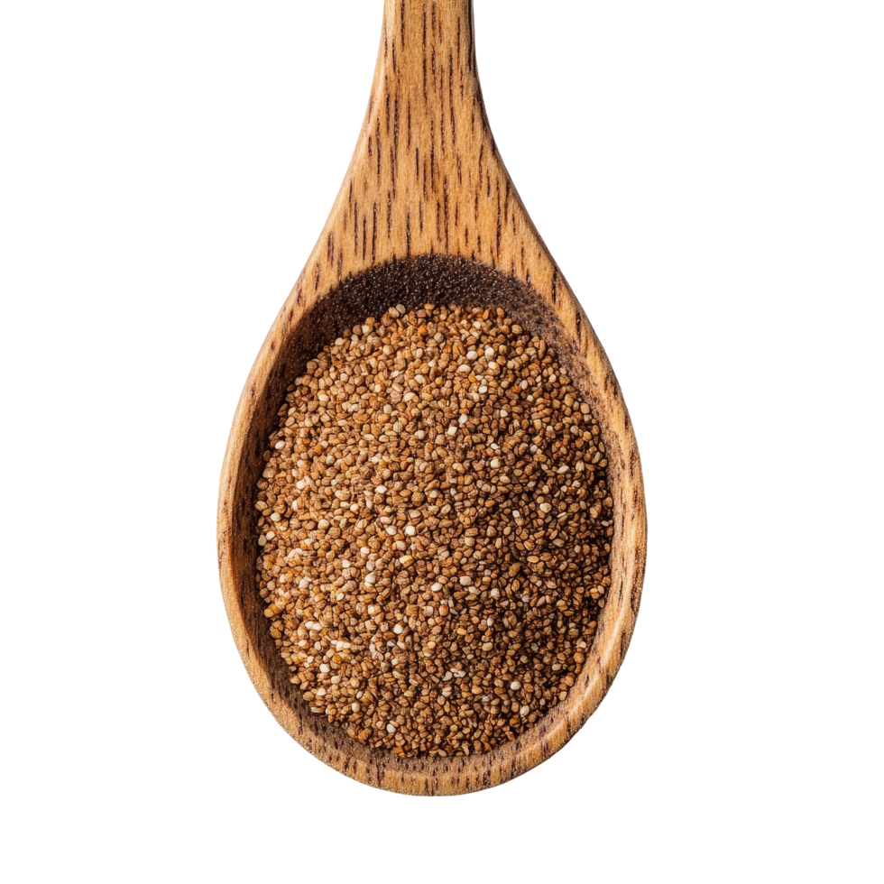 Brown teff grain in a wooden spoon resting on a clean transparent background showcasing natural textures and colors, Brown Teff Grain in wood spoon on transparent background png