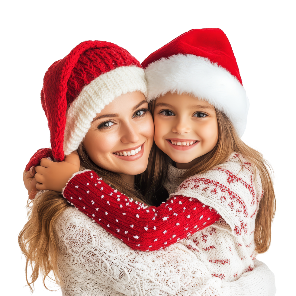 A joyful child girl hugging her mother while wearing festive Christmas attire against a transparent background, Child Girl Hugging Mother in Christmas Attire on transparent background png