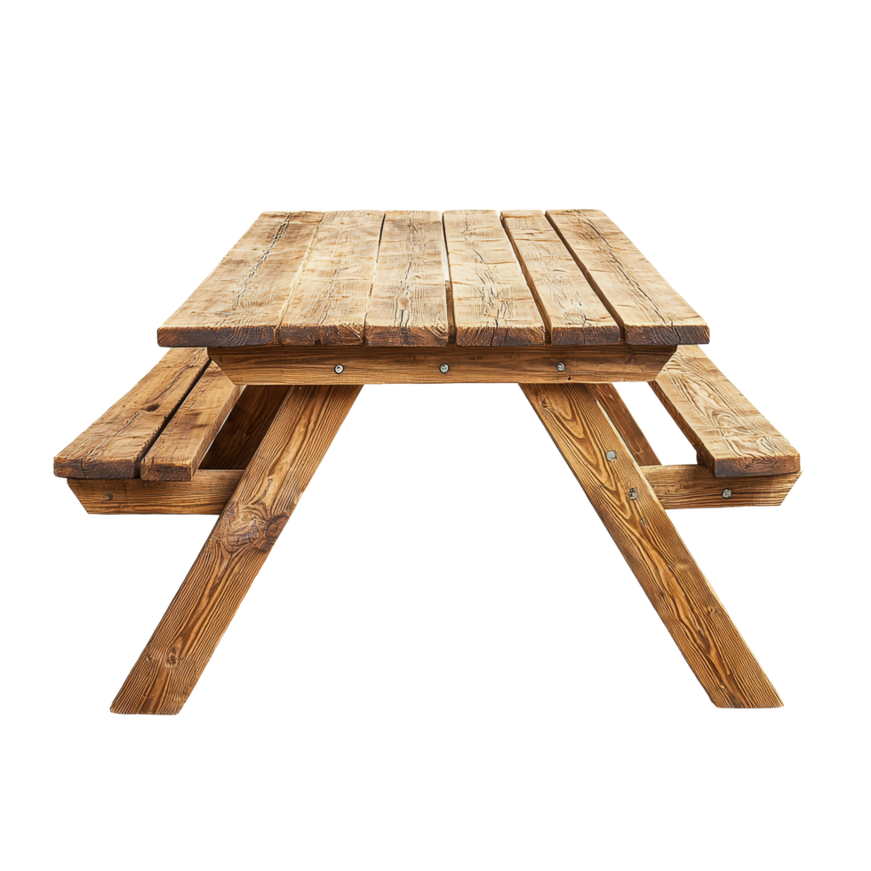 Rustic wooden picnic table isolated against a clean transparent background, perfect for outdoor dining and gatherings, Picnic wooden table isolated on transparent background png