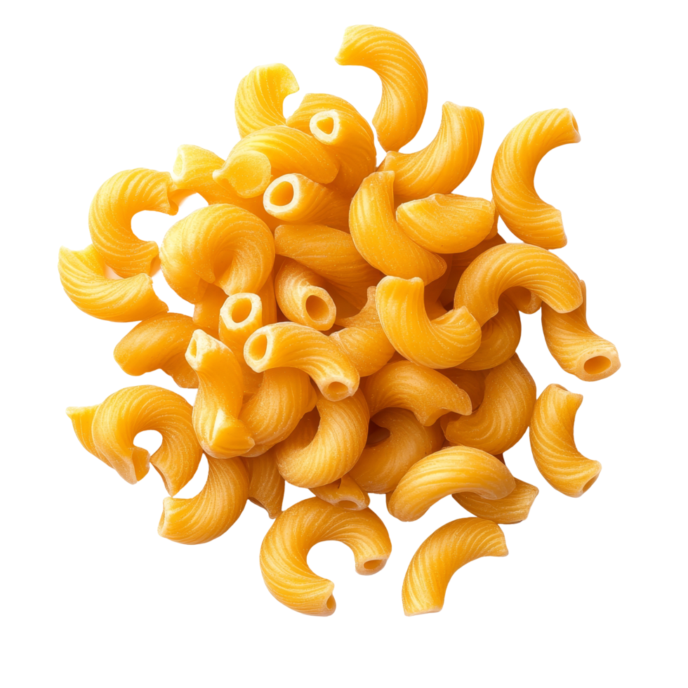 Closeup of uncooked macaroni noodles on a transparent background, highlighting their unique shapes and textures, macro macaroni isolated on transparent background png