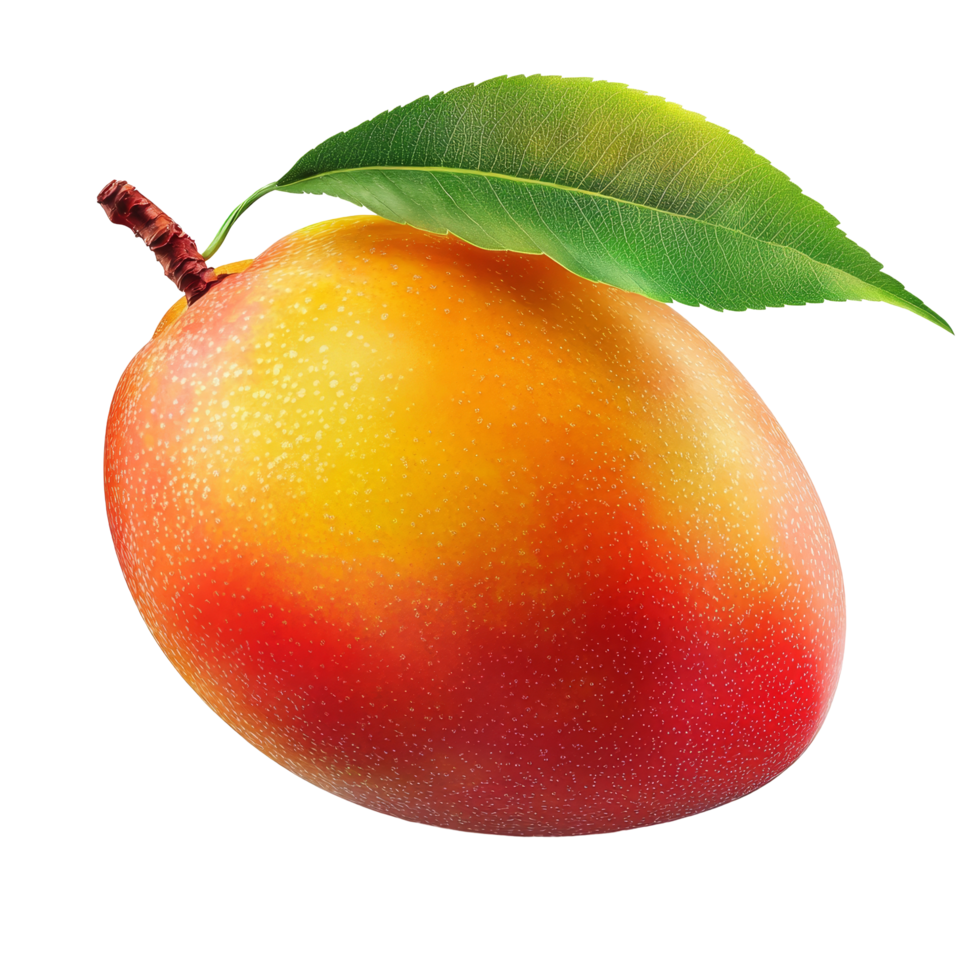 Vibrant ripe mango with green leaf on a clean transparent background showcasing natures sweetness and color, Mango fruit isolated on transparent background png