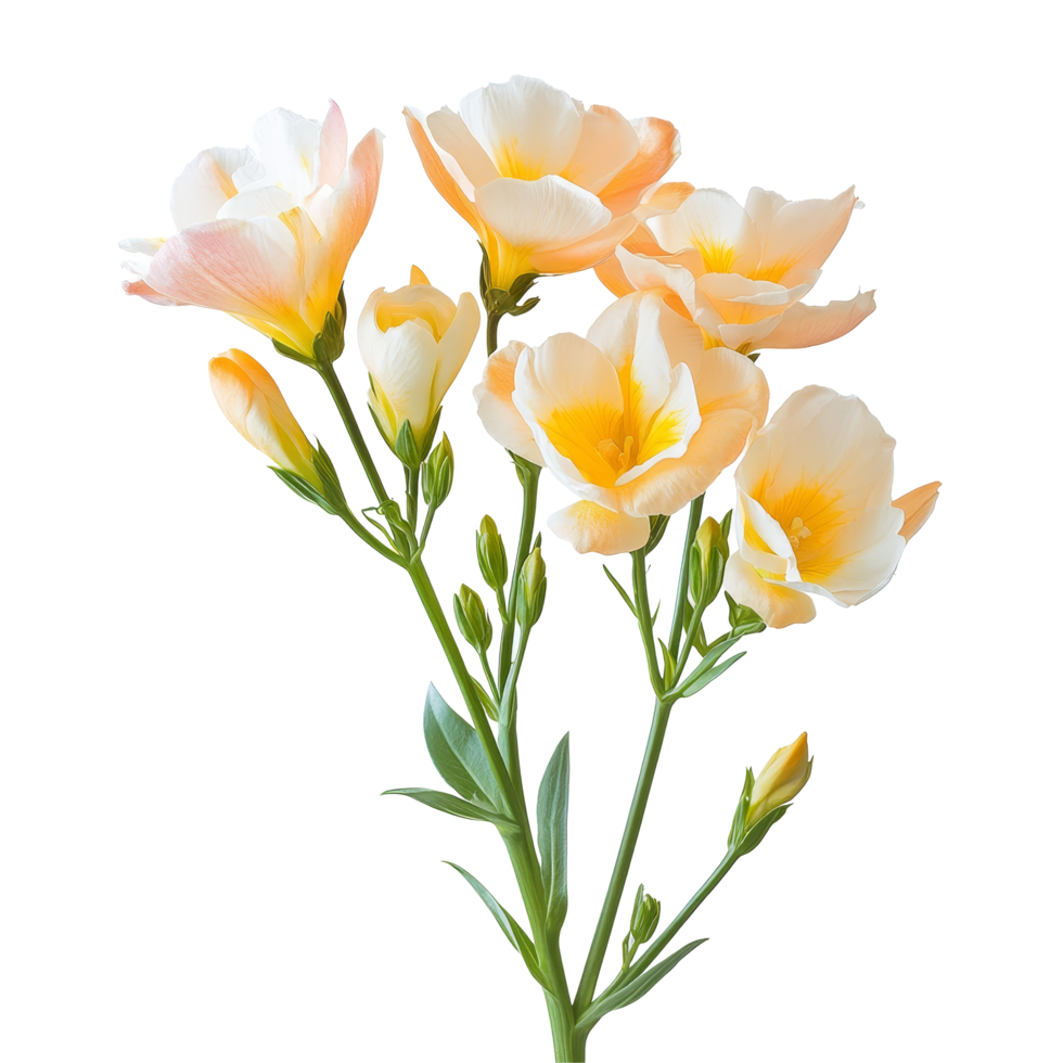 Delicate freesia flowers in soft peach and transparent hues isolated on a bright transparent background for floral displays, freesia flowers isolated on transparent background png