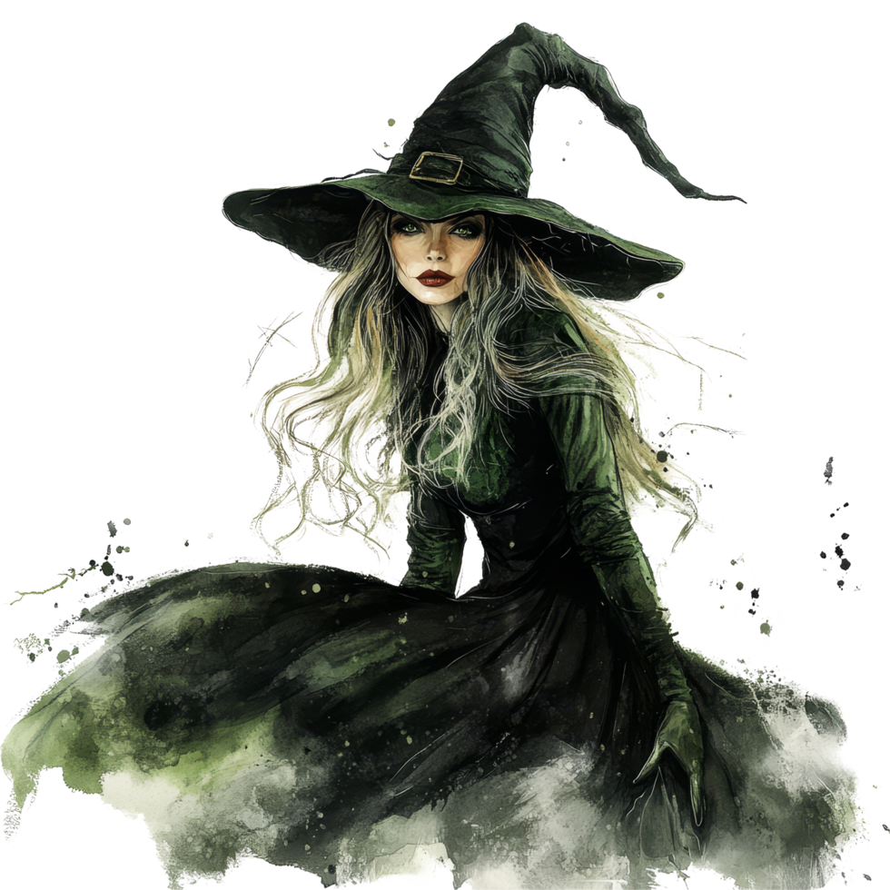 A mystical Halloween witch in a flowing green dress with a pointy hat set against a plain transparent background, halloween witch on transparent background png
