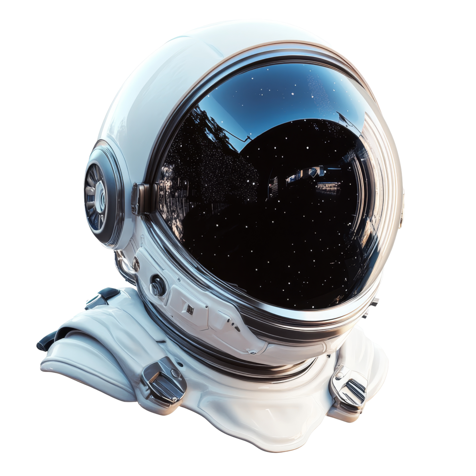 A detailed astronaut helmet against a transparent background showcasing a cosmic reflection and sleek design features, Spacesuit helmet transparent background png