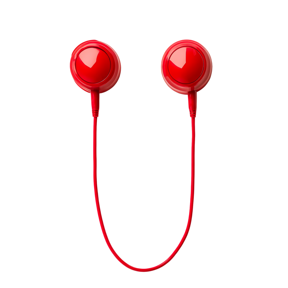 A pair of red earphones rests on a pristine transparent background, highlighting their sleek, modern design, red earphone on transparent backgroundfile png