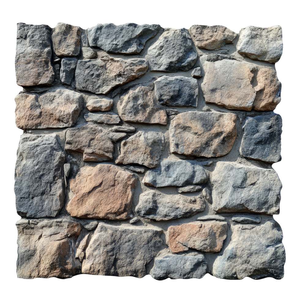Rock wall surface construction showcasing diverse stone textures and colors in an architectural setting, Rock wall Surface, Construction and Architectural Element, Isolated on transparent background png