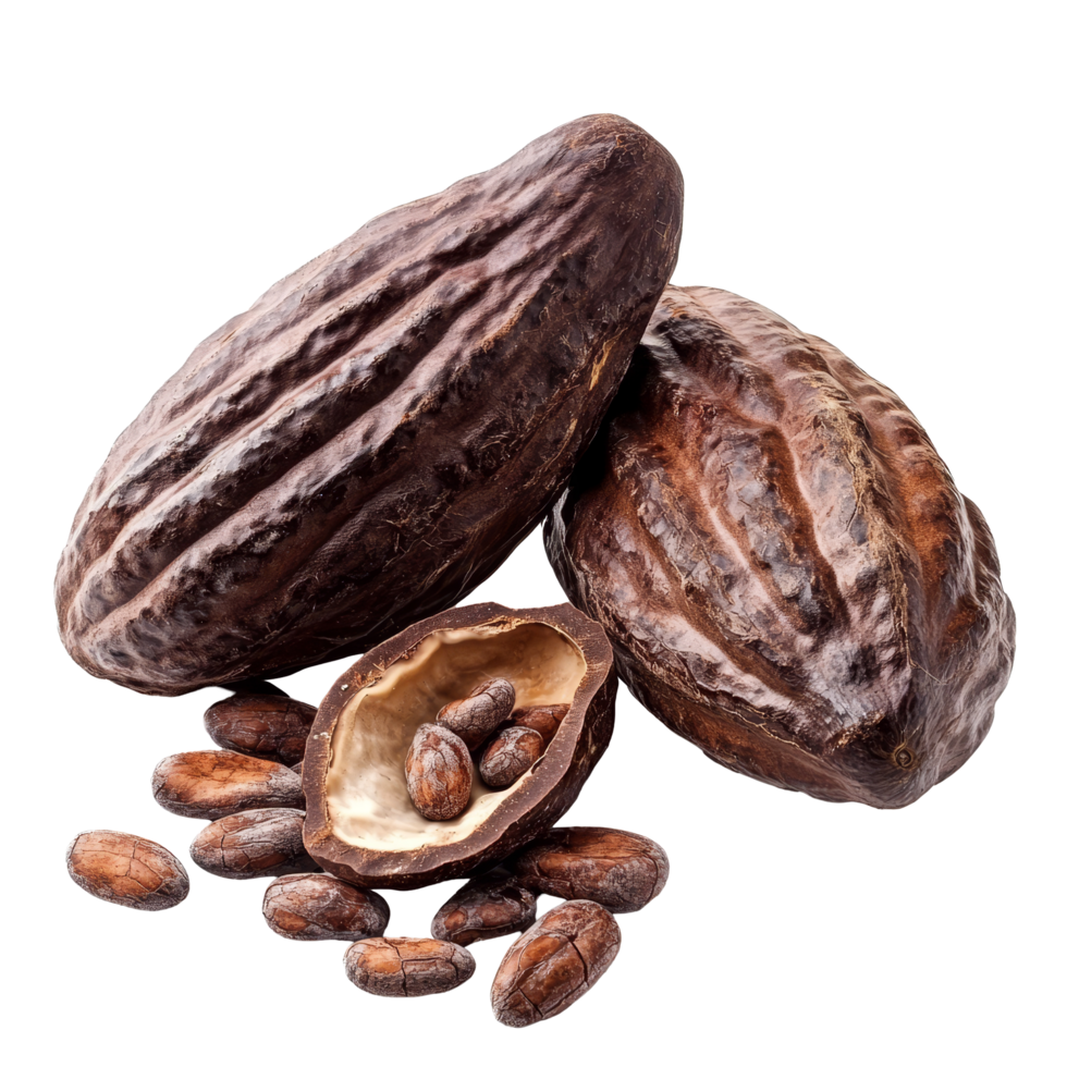 Fresh cocoa pods and beans placed on a transparent background showcasing natural agricultural produce, Fresh cocoa isolated on transparent background png