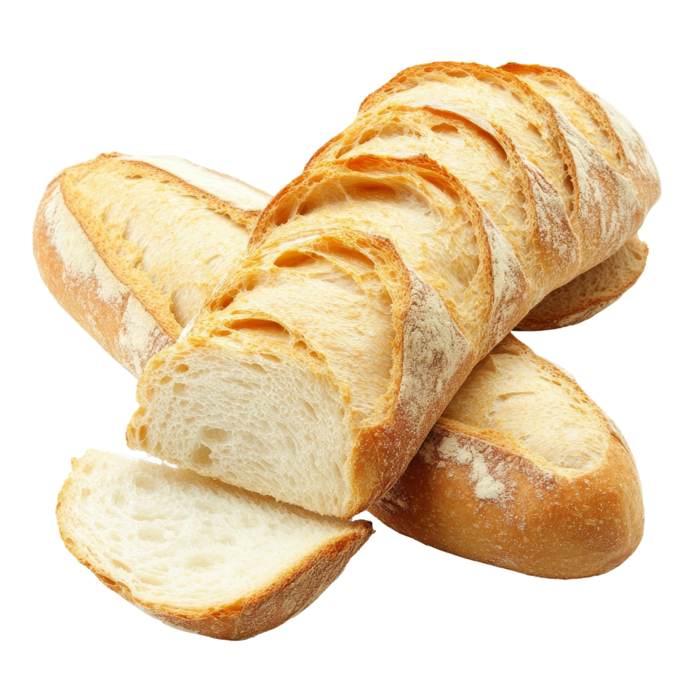 Sliced baguette bread displayed on a clean transparent background for culinary presentation and fresh food recipes, sliced baguette bread isolated on transparent background png