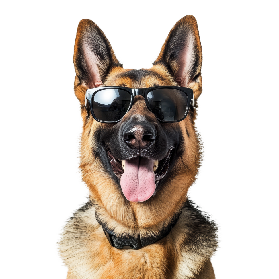 Happy German Shepherd dog wearing stylish sunglasses and smiling brightly indoors during a fun day, Funny Happy German Shepherd Dog with Sunglasses on transparent background png