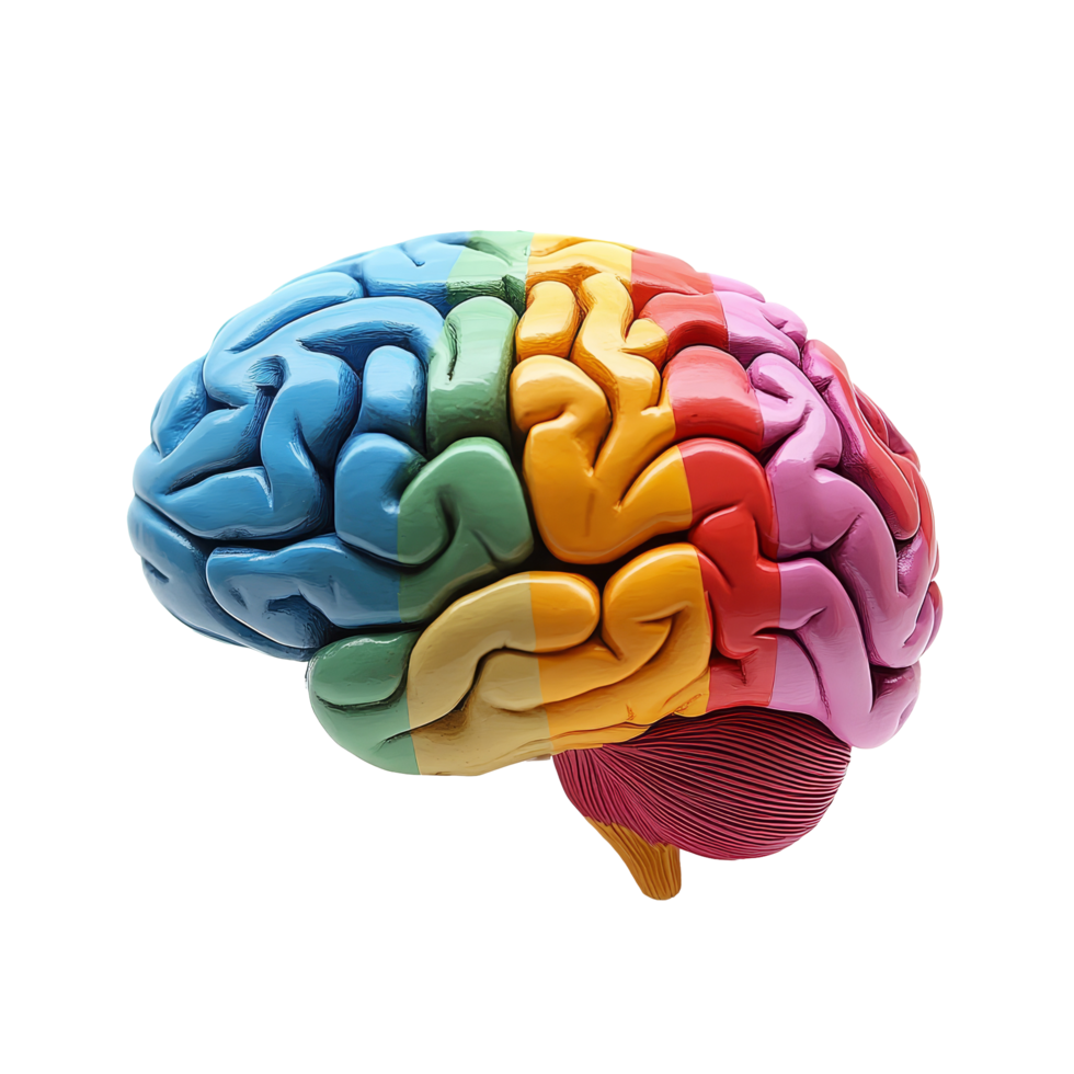 Colorful brain model showcasing detailed structure isolated on a transparent background for educational purposes, Colorful Brain Model Isolated on transparent background png