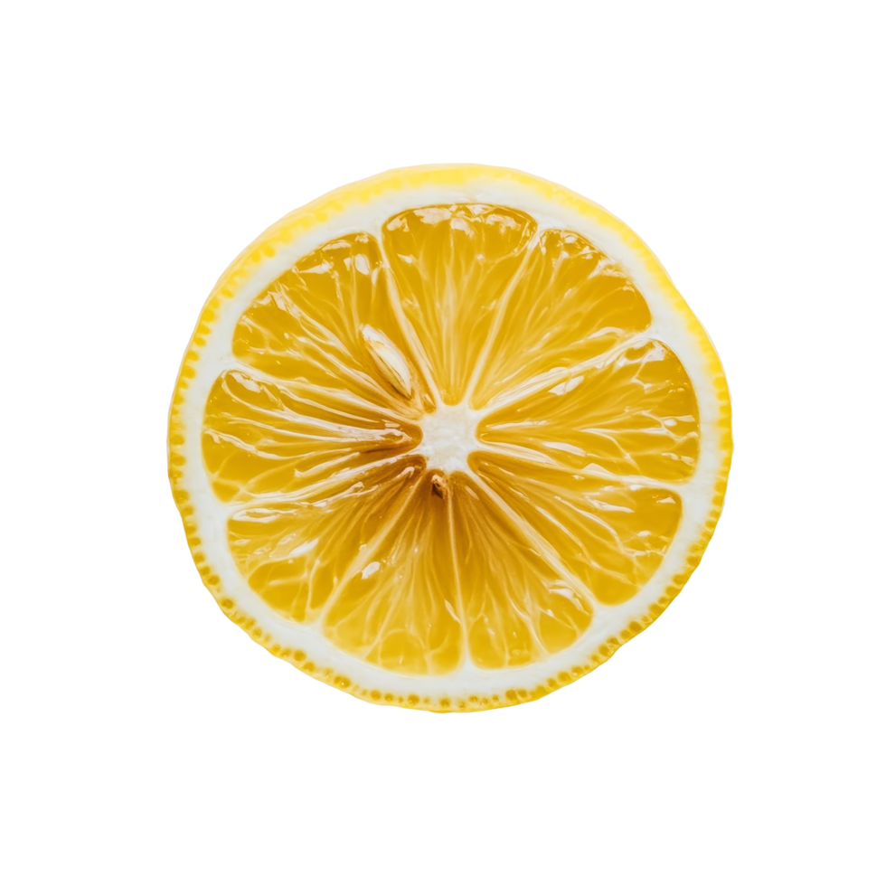 Freshly sliced lemon displaying vibrant yellow color on a bright transparent background in a minimalistic setting, sliced lemon on transparent background png