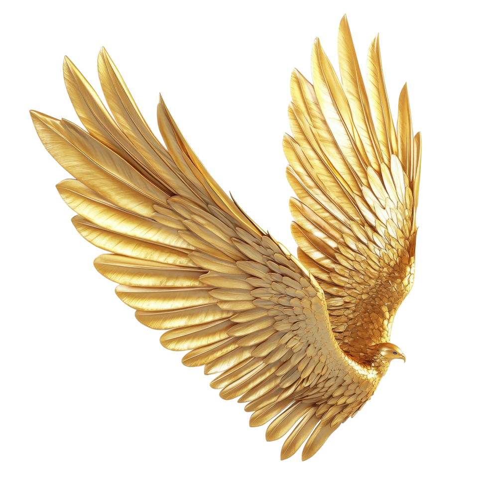 A stunning golden wing isolated against a transparent background showcasing intricate feather details and vibrant color, Golden wing 3d isolated on transparent backgroud png