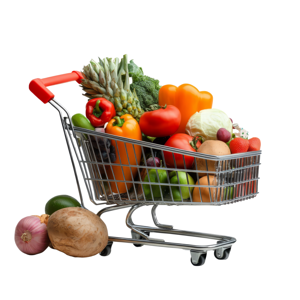 Fresh grocery cart filled with colorful fruits and vegetables for online shopping at home, file no background Online grocery shopping and food delivery app png